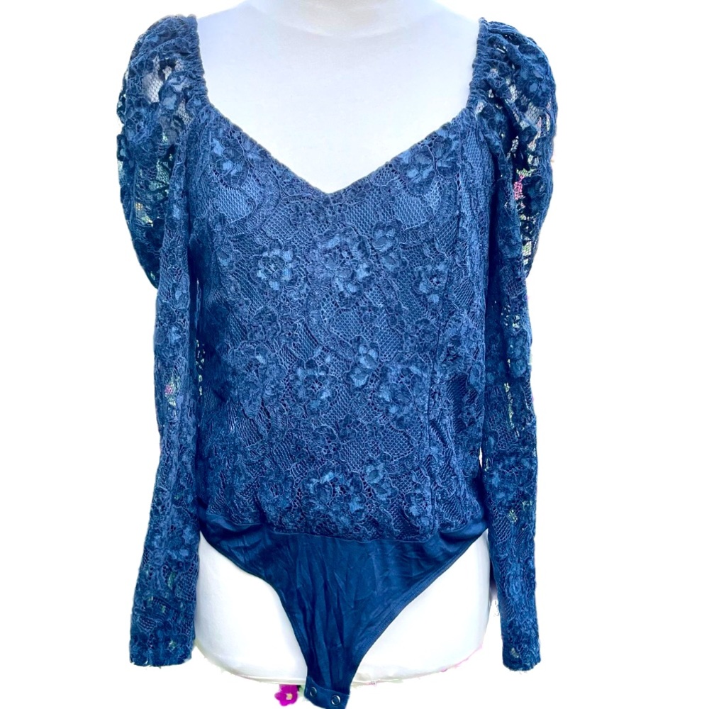 Express Lace Puff Sleeve Thong Bodysuit Blue Size Medium